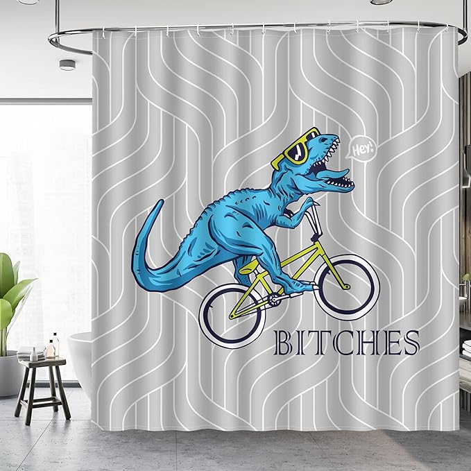 Aimego Funny Shower Curtain Blue Dinosaur Ride A Bike Pattern Cute Dino Pattern Shower Curtain Set with 12 Hooks for Bathroom Decor Accessories Bathtub Curtain, 72"x72"