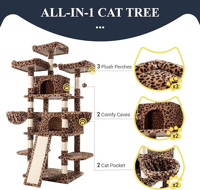 Allewie 68 Inches Cat Tree/Cat Tree House and Towers for Large Cat/Cat Climbing Tree with Cat Condo/Cat Tree Scratching Post/Multi-Level Large Cat Tree/Leopard Print