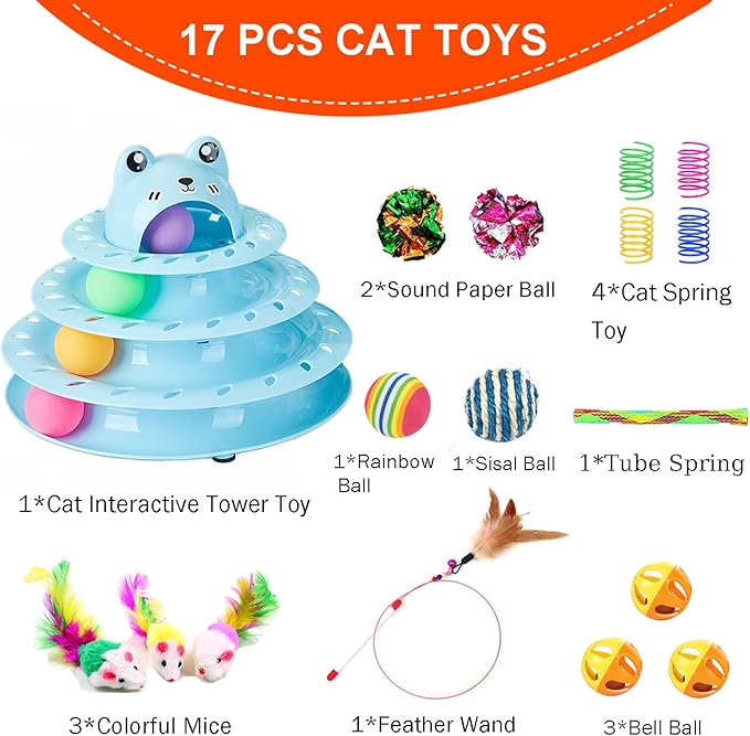 17 Pack Cat Toys, 4-Level Turntable Ball Track Interactive Cat Toy for Indoor Cats, Self Play Fun Roller with Colorful Rotating Ball Puzzle Exercise Kitten Toys Set