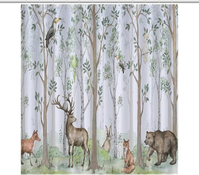 Animal Forest Watercolor Shower Curtains for Bathroom, Cartoon Bear Deer Fox Birds Rabbit Green Woodland Pattern Decor Bath Drapes Set with Hooks, Waterproof Fabric Windows Treatment, 66x72in