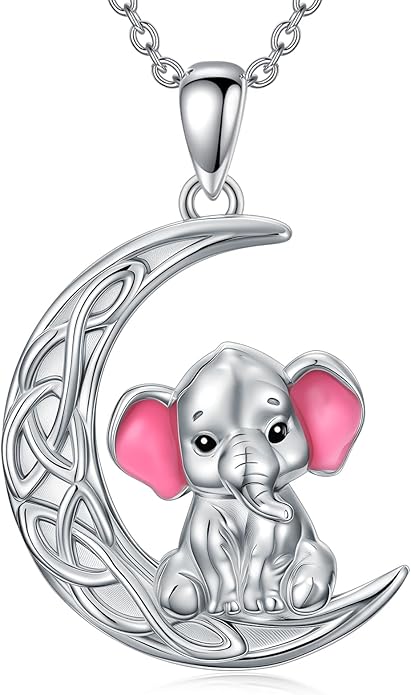 925 Sterling Silver Cat/Fox/Panda/Elephant/Highland Cow Necklace Crescent Moon Pendant Cute Animal Jewelry Gift for Women