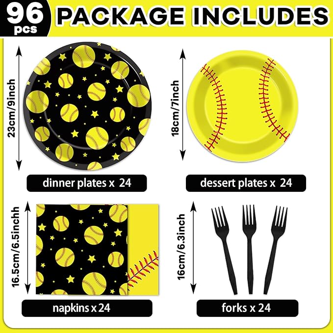96Pcs Softball Birthday Party Supplies: 24 Servings - Black & Yellow Softball Tableware Set - Plates, Napkins, Forks - Sports Theme Party Kit