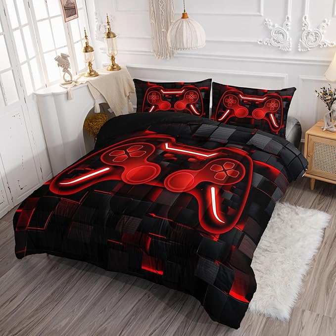 Axolotl Gamepad Comforter Set Full Size,Red Grid Print Bedding Set,Boys Gaming Console Comforter Set,Video Gaming Controller Bedding Set for Teens Men Adults,1 Quilt 2 Pillowcases,Red Black