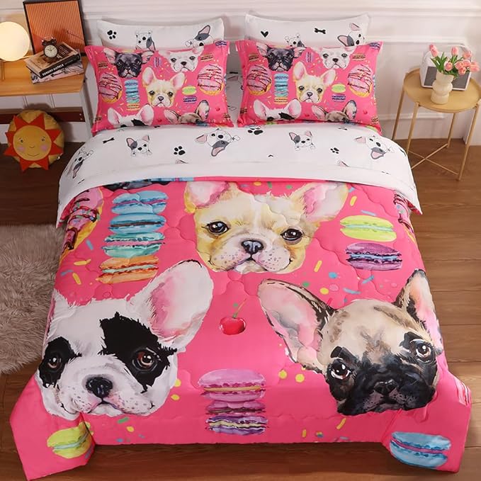 7 Piece Dog Comforter Set Twin Size for Kids Cute 3D French Bulldog Dogs Bedding Bed in A Bag for Teens Boys Girls All Season Watercolor Pink Animal Themed Comforter
