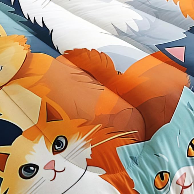 AILONEN Cartoon Cat Comforter Set Queen Size, Cute Pet Cat Bedding Set,Girls Kids Kawaii Duvet Set 3 Pieces, 1 Quilt and 2 Pillowcases