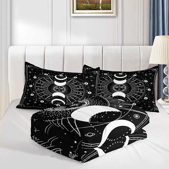 AILONEN Sun and Moon Comforter Set for Teens Boys Kids Girls, Galaxy Astrology Bedding Set Full Size,Bohemian Sun Moon Quilted Duvet,Galaxy Quilt,1 Comforter 2 Pillowcases 3 Piece