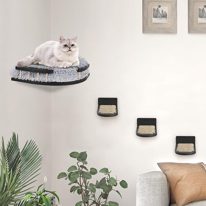 Cat Wall Furniture Set with Plush Cushion, Cat Hammock Cat Wall Shelves with 3 Cat Wall Steps, Cat Shelves and Perches for Wall Climbing Shelves for Indoor, Black Indoor Cat Shelves Wall Mount