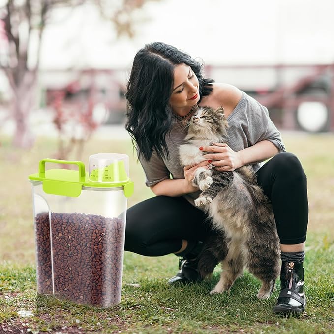 5-7Lbs Dog Cat Storage Container Portable with Upgraded Large Spout and Cup,Plastic Pet Food Dispenser for Small Animal Kibble, Bird Bird Seed,Oatmeal,Rice,flour,brown sugart-Grass Green