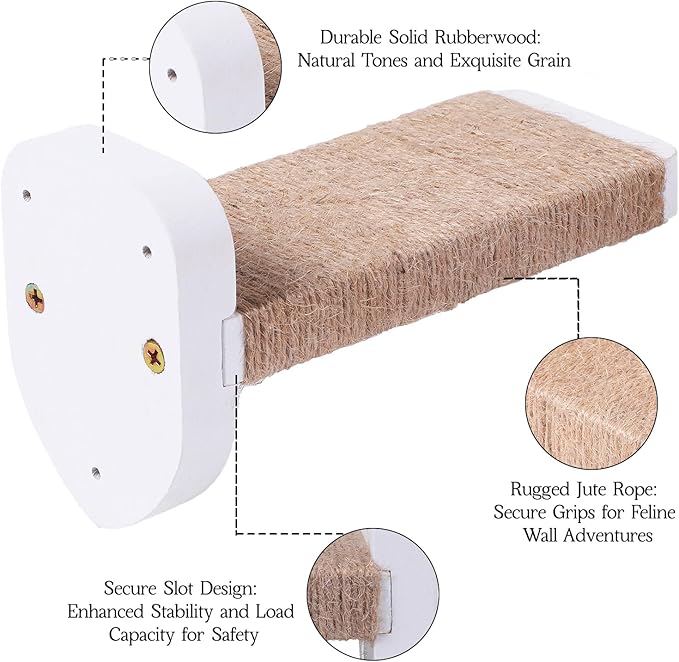 3pcs Cat Wall Steps, Cat Climbing Wall Mounted Cat Furniture, Cat Wall Shelves Cat Steps for Wall with Hemp Rope Covered, Solid Wood Cat Ladder for Cats Playing and Climbing (Large-White)