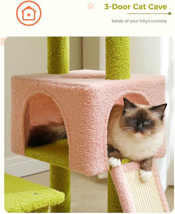 Flower Cat Tree 47.2" Multi-Level Cat Tower with Sisal Covered Scratching Posts, Cute Cat Condo for Indoor Small Medium Cats, Pink Top Perch, Ramp, Fluffy Ball, Pink