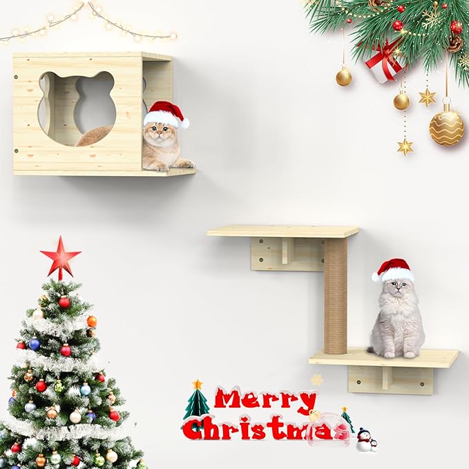 Cat Wall Shelves, Cat Wall Furniture, Cat Wall Mounted with 1 Cat House, 1 Cat Hammock, 2 Ladder, 4 Cat Perchs, 1 Cat Scratching Post for Cat Sleeping Playing Climbing