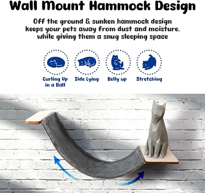 Cat Wall Hammock with Dual Fabric Design – Sturdy Wall Mounted Cat Bed for Large Cats, Cat Bridge, and Cat Wall Perch with Metal Frame and Wooden Shelf for Cozy Rest- MK2026A