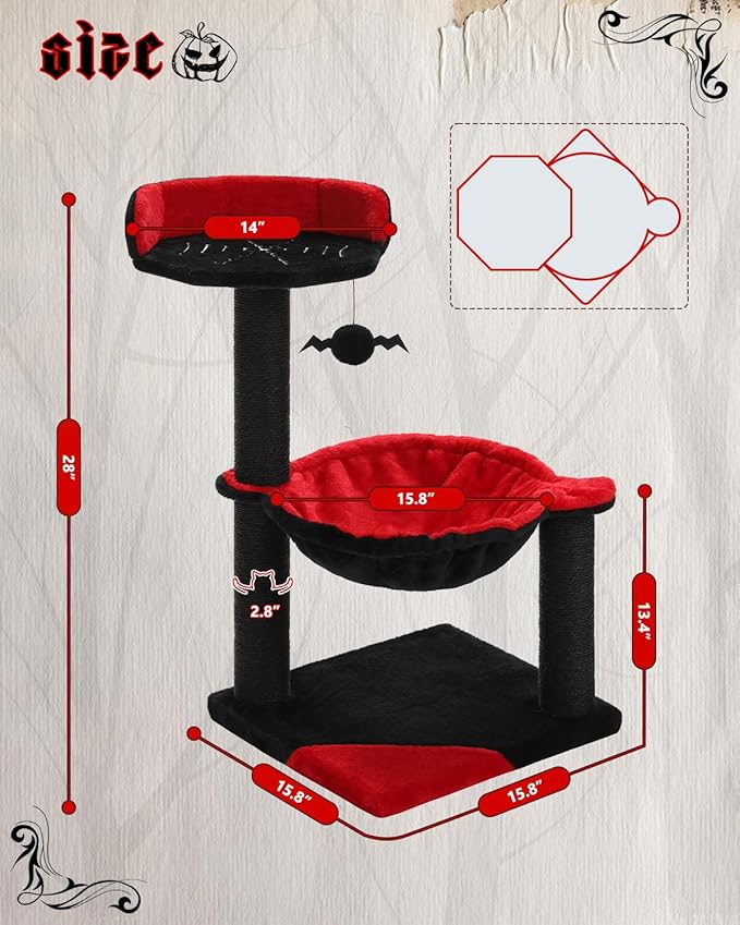 Gothic Cat Tree with Coffin Cat Bed, Spooky Cat Tree with Black Scratching Posts & Halloween Cat Tower & Large Hammock for Small Kittens, Cat Toy Black Bat Included