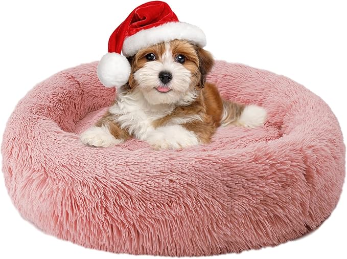 Aurako Cat Bed Dog Bed Round Cushion Pet Bed Mat Ultra Soft Plush Donut Sofa Comfortable Pillow Machine Washable Pet Cuddle Beds for Kitten Small Medium Large Dogs Cats 23" Rose Red
