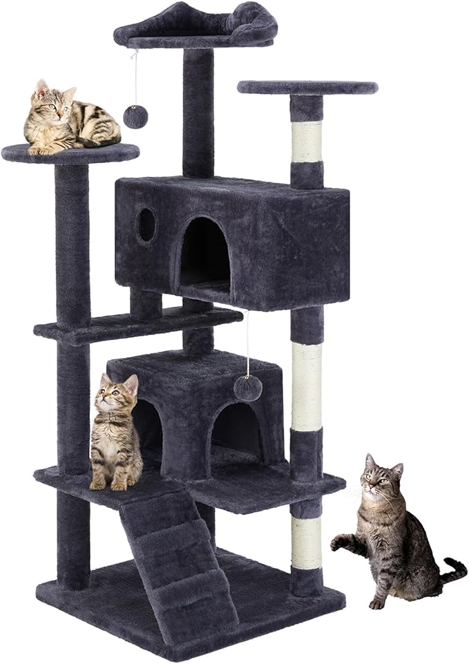 Sweetcrispy 54-Inch Cat Tree Tower – Multi-Level Cat Tower with Sisal Scratching Post, Perfect Cat Gift, Indoor Cat Tree with Condo, Climbing Ladder, Plush Toy, and More Cat Stuff，Grey