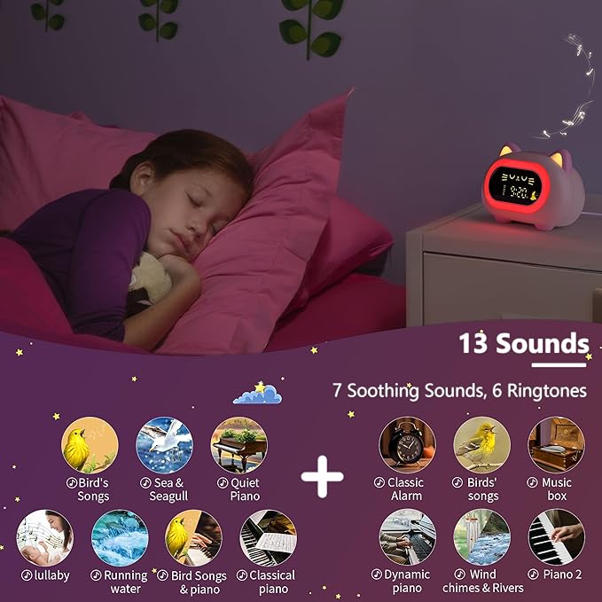 Alarm Clock for Kids, Sleep Training Clock for Girls With Dual Alarm, Eye Protection, Auto Off Timer, 10 Color Night Light, Cat Ok to Wake Clock