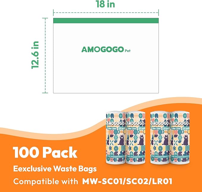 100 Pcs Litter Box Liner Bags, Compatible with Meowant MW-SC01, MW-SC02 and MW-LR01, Automatic Litter Box Heavy Duty Replacement Waste Bags, Drawstring Leak-proof Trash Bags, 18.5" x 12.6"