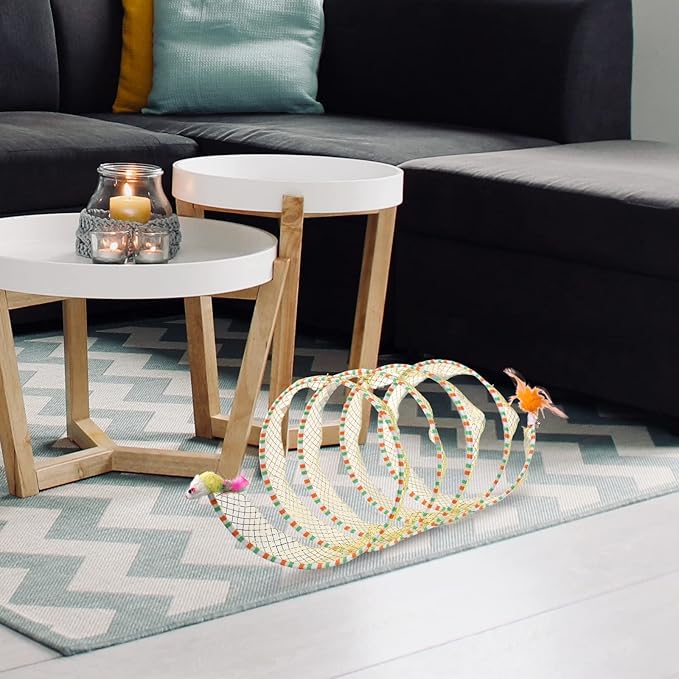 2pcs, Folded Cat Tunnel Spring, 10in Large Size Portable Cat Toy Spiral Tunnel, with Synthetic Feather and Toy Mouse Tunnel Spring Outdoor Puppy Kitten Generic (Striped Yellow, Purple)