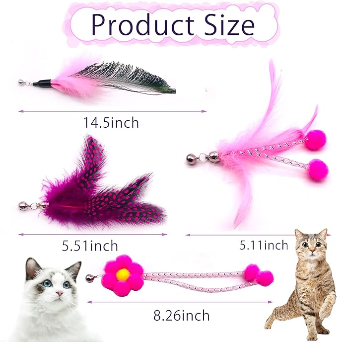 12pcs Pink Cat Feather Toys Replacement Set with Bells for Girl Refills for Wand Kitten Interactive Toys Training Indoor Playing Birthday Gift for Chasing Jumping Exercise Refill Wand Toys