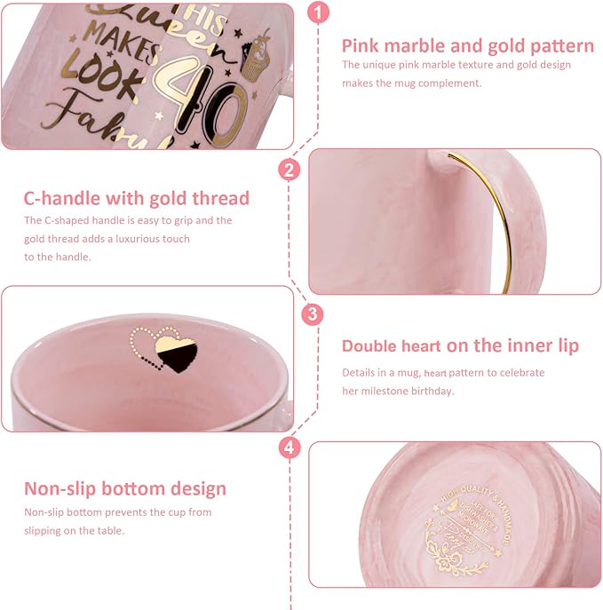 40th Birthday Gifts Women - 14oz Fabulous Pink Coffee Mug with Gold Pattern - Unique 40th Birthday Gift Ideas for Mom Sister Aunt Coworker Best Friend, Happy 40 Years Old birthday gifts, Gift Boxed.