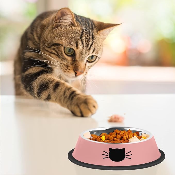 3Pcs Cat Bowls Non-Slip Stainless Steel Small Cat Food Bowls Unbreakable Thicken Cat Feeder 7 Oz Cat Dishes Suitable for Indoor Small Pets Removable Rubber Base Easily Clean Lovely Color