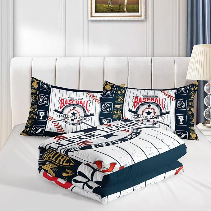 Baseball League Kids Comforter Bedding Set for Boys Girls,Cartoon Baseball Glove Baseball Cap and Suture Comforter with 2 Pillowcases(Baseball League Full)