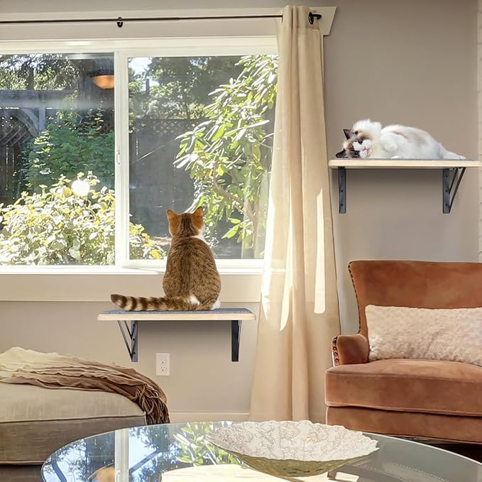 Cat Wall Shelves Set of 2, Wood Cat Shelves for Wall, Cat Wall Bed Hammock with Scratching Pad, Cat Climbing Shelf for Sleeping Playing, Cat Window Perch for Big Cats, Burlywood Cat Furniture Indoor