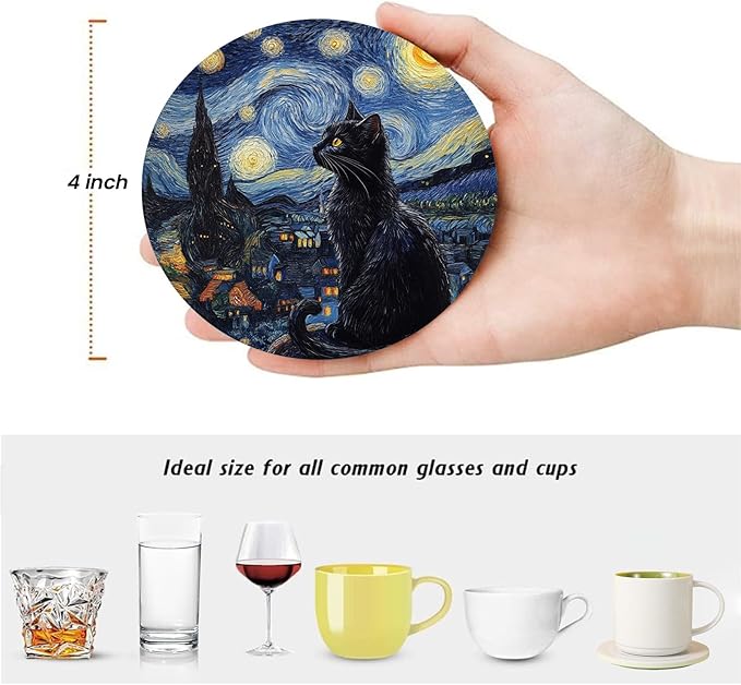 6 Pcs Black Cat and Van Gogh Art Coasters for Drinks,Round Absorbent Ceramic Coaster with Metal Holder, Starry Night Sunflower Irises Flower Cat Coaster with Cork Base for Coffee Party Gifts