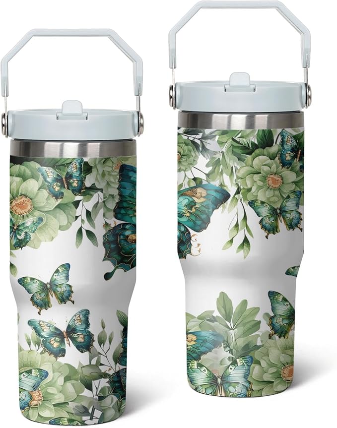 30 Oz Butterfly Tumbler with Handle and Straw, Butterfly Tumbler with Lid and Straw, Double Wall Stainless Steel Butterfly Cup, 30 Oz Butterfly Water Bottle and Butterfly Mugs for Women Gifts