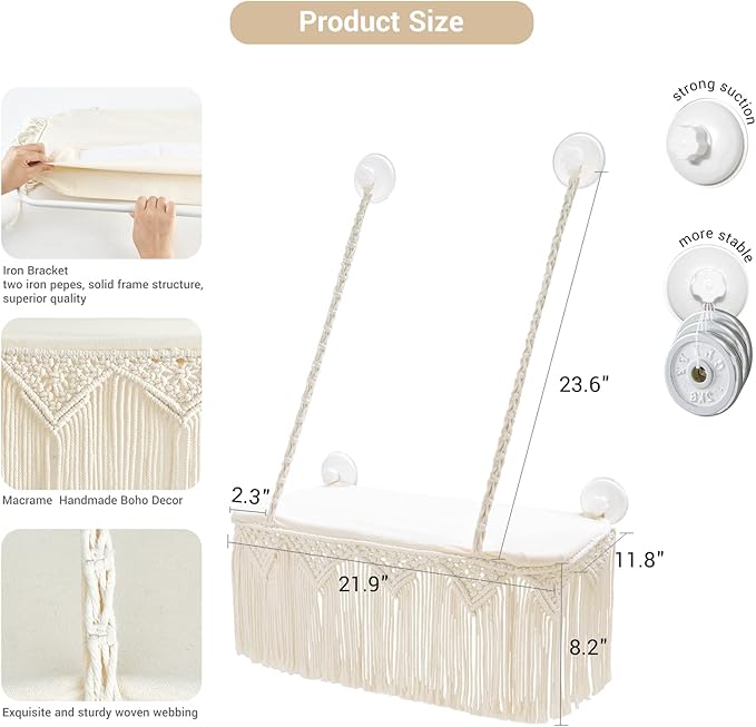 Dahey Macrame Cat Window Perch Boho Cat Hammock Wall Mounted Pet Resting Seat Bed for Indoor Cats Safety Space Saving kitty Swing Shelf with Tassel Holds up to 45 lbs with Screw Suction Cups, Gift