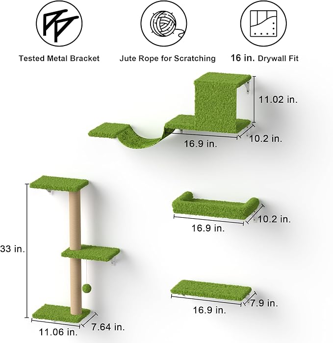 FUKUMARU Cat Wall Shelves, Stable & Safe 4 in 1 Large Cat Wall Furniture Set, Wooden Cat Climbing Wall with Scratching Post, Cat Bridge and Cat Bed, Stylish Cat Jungle Gym for 16 Inch Drywall - Green