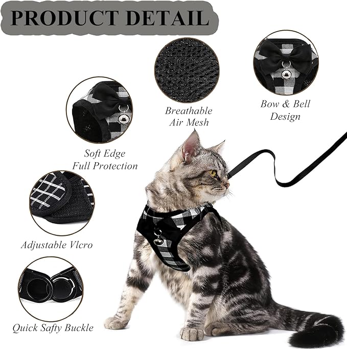 Cat Leashes and Harnesses for Walking,Breathable Soft Kittens Vest for Cats Dogs, Kitten Harness Escape Proof with Bell and Bow-Knot Decoration Christmas(L, Black-White)