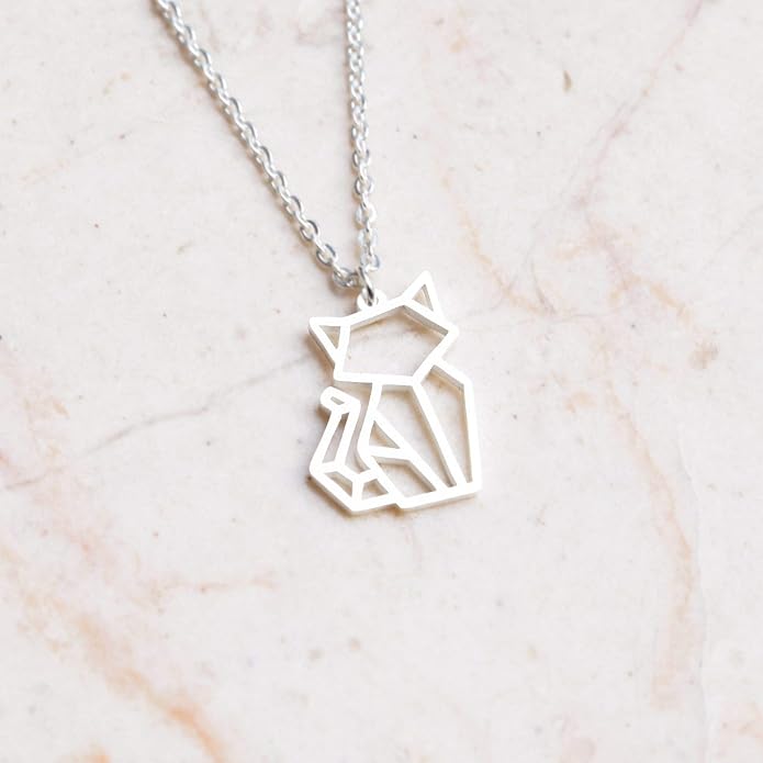 Cat Silver Origami Jewelry - Silver Geometric Chain Necklace – 925 Sterling Plated Silver Necklace for Women & Ladies – Stylish Cat Pendant Necklace