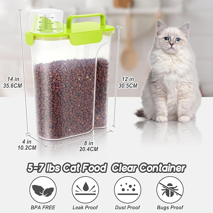 5-7Lbs Dog Cat Storage Container Portable with Upgraded Large Spout and Cup,Plastic Pet Food Dispenser for Small Animal Kibble, Bird Bird Seed,Oatmeal,Rice,flour,brown sugart-Grass Green