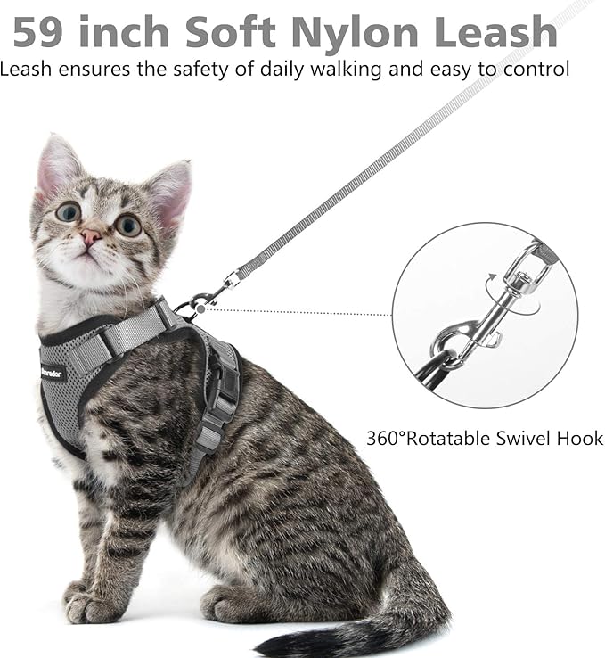 Dooradar Cat Harness and Leash Set, Escape Proof Safe Adjustable Kitten Vest Harnesses for Walking, Easy Control Soft Breathable Mesh Jacket with Reflective Strips for Cats, Grey, S
