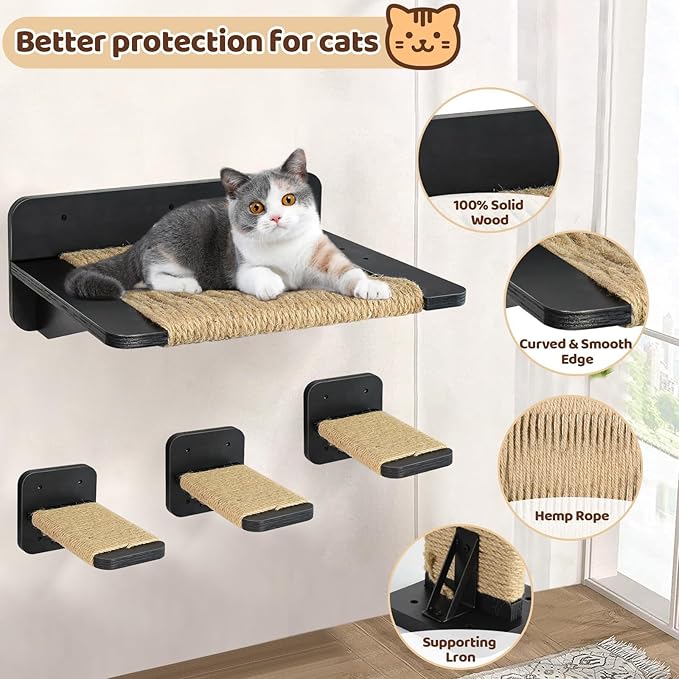 Cat Hammock Cat Wall Shelves with 3 Cat Wall Steps, Wall Mounted Cat Shelves and Perches with Hemp Rope Scratching, Cat Wall Furniture Climbing Shelves for Indoor Cats Set