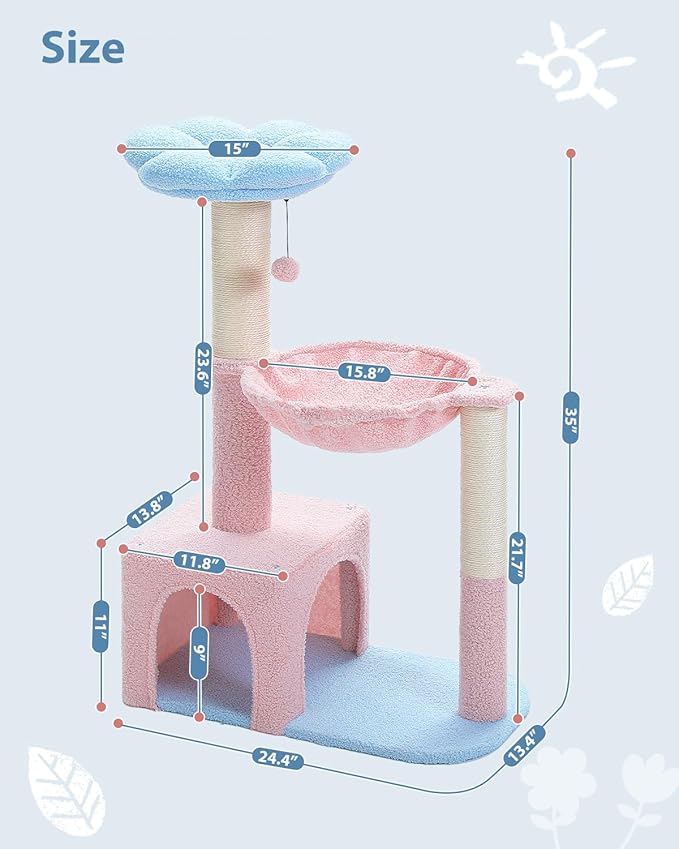 Flower Cat Tree with Large Metal Frame Hammock, 35" Pink Cat Tower with Sisal Scratching Posts for Small Indoor Cats, Cat Condo with Blue Top Perch for Kittens, Fluffy Ball, Pink