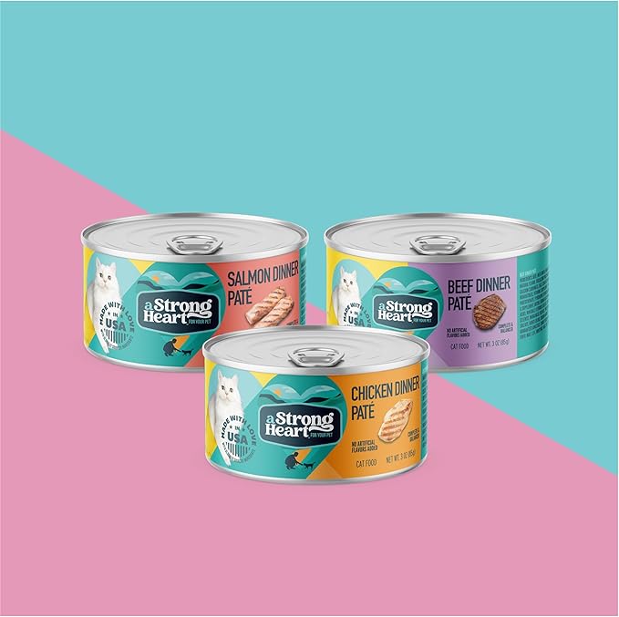 A Strong Heart Canned Wet Cat Food, Chicken, Beef and Salmon Variety Pack - 3 oz Cans (Pack of 24), Made in The USA with Real Chicken, Beef and Salmon