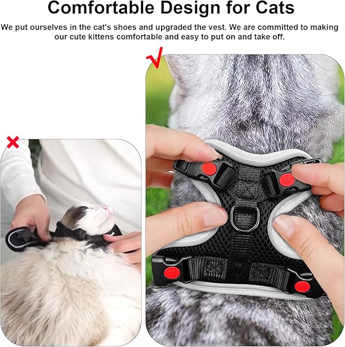 Cat Harness and Leash for Walking, Retractable Cat Harnesses and Leash Set Escape Proof, Breathable Soft Kitten Harness Small Large Cat Harness for Travel Training and Walking, Black, S