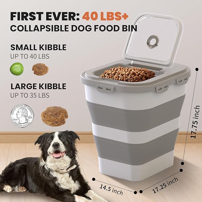 35-40 Lbs Airtight Dog Food Storage Container, Collapsible Dog Food Container with Lid, Wheels, Date Track,Large Pet food storage Container for Rice,Flour,Dog Food Scoop and 2PCS Containers