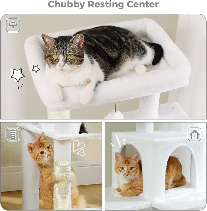 PETEPELA 56.3'' Tall Cat Tree for Indoor Large Cats, Multi-Level Cat Tower with Super Large Hammock (20''X16''), Sisal Covered Scratching Posts, Cozy Condo and Top Perch,White
