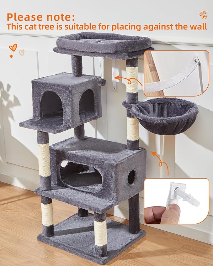 Taoqimiao Cat Tree,48.8-Inch Cat Tower for Indoor Cats,2 Luxurious cat condo with Adjustable Large Hanging Baskets and Large Luxurious Perch Smoky Gray MS029LG