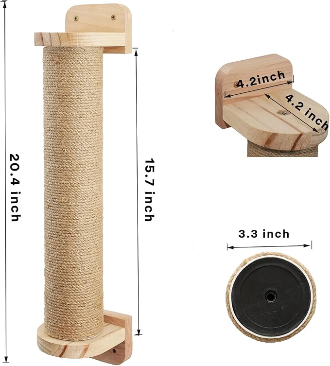 Wall Mounted Cat Scratching Posts for Cats and Kittens - Indoor Cat Activity Tree with Jute Rope Scratcher, Solid Wood Cat Wall Furniture