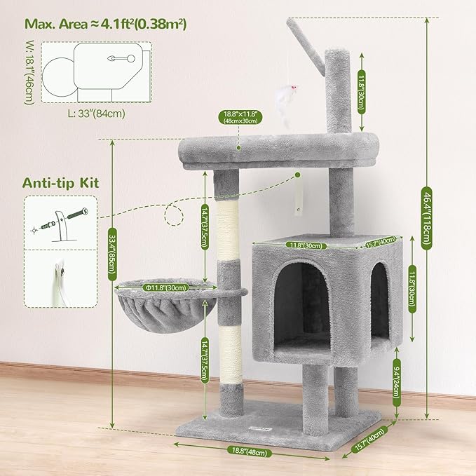 F46C Versatile Play Cat Tree Tower | 46-Inch Sturdy Cat Condo with Scratching Posts, Hammock, Multiple Platforms & Anti-Tip Kit for Large Multi-Cats | Premium Quality Materials, Light Gray