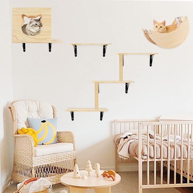Cat Wall Shelves, 5pcs Cat Wall Furniture, Wooden Cat Wall Shelves and Cat Perch Set with Cat House, Cat Hammock, Cat Climbing Steps, Sisal Cat Scratching Post Ladder, Cat Scratcher Board Wall Mounted