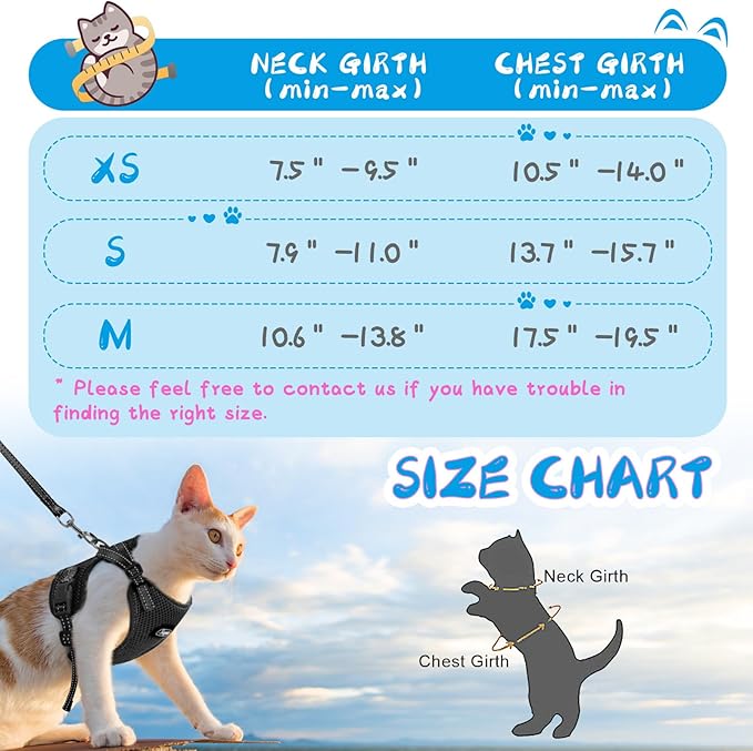 Supet Cat Harness and Leash Set for Small to Large Cats Adjustable Cat Vest Harness with Reflective Trim Universal Cat Leash and Harness for Cats/Puppies