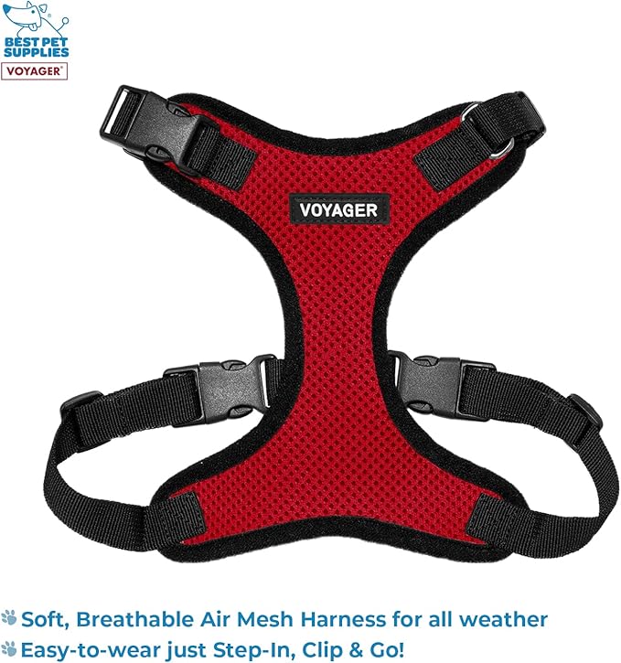 Voyager Step-in Lock Dog Harness w Reflective Dog Leash Combo Set with Neoprene Handle 5ft - Supports Small, Medium and Large Breed Puppies/Cats by Best Pet Supplies - Red/Black Trim, XS