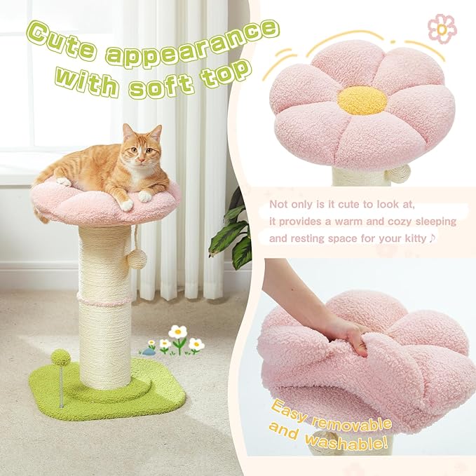PEQULTI Flower Cat Scratching Post, Small Cat Tree, Tall Cat Scratcher for Indoor Cats with Super Thick Scratching Post [Dia=5.5''], Removable Flower Cat Bed, Cat Scratch Post with Spring Ball, Pink