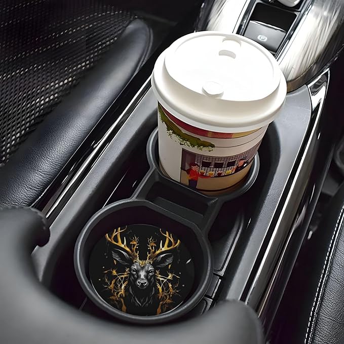 Absorbent Ceramic Car Coasters for Cup Holders, Black Gold Deer Design 2.56" Anti Slip Universal Drink Cup Coasters for Women Men (2 Pack)