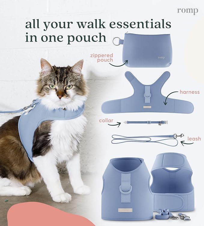 Cat Harness, Collar & Leash Set - Escape Proof Adjustable Choke Free Velcro Harness Vest for Walking Cats & Kittens (Cotton Blue, Medium)